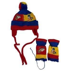 Vintage Fisher Price Knit Beanie Hat and Mittens Set Bear Patch Trapper Hat